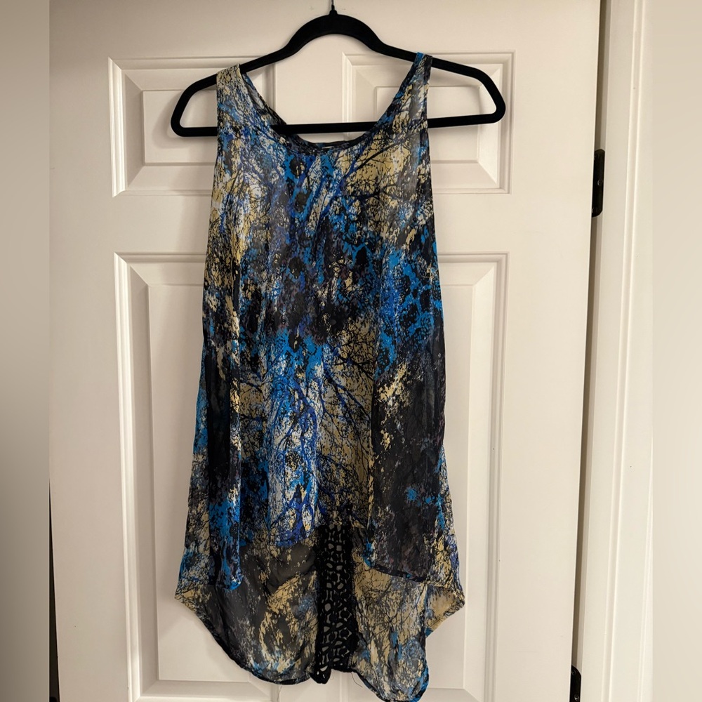 Lily White Abstract Blue and Black High-Low Tank Top